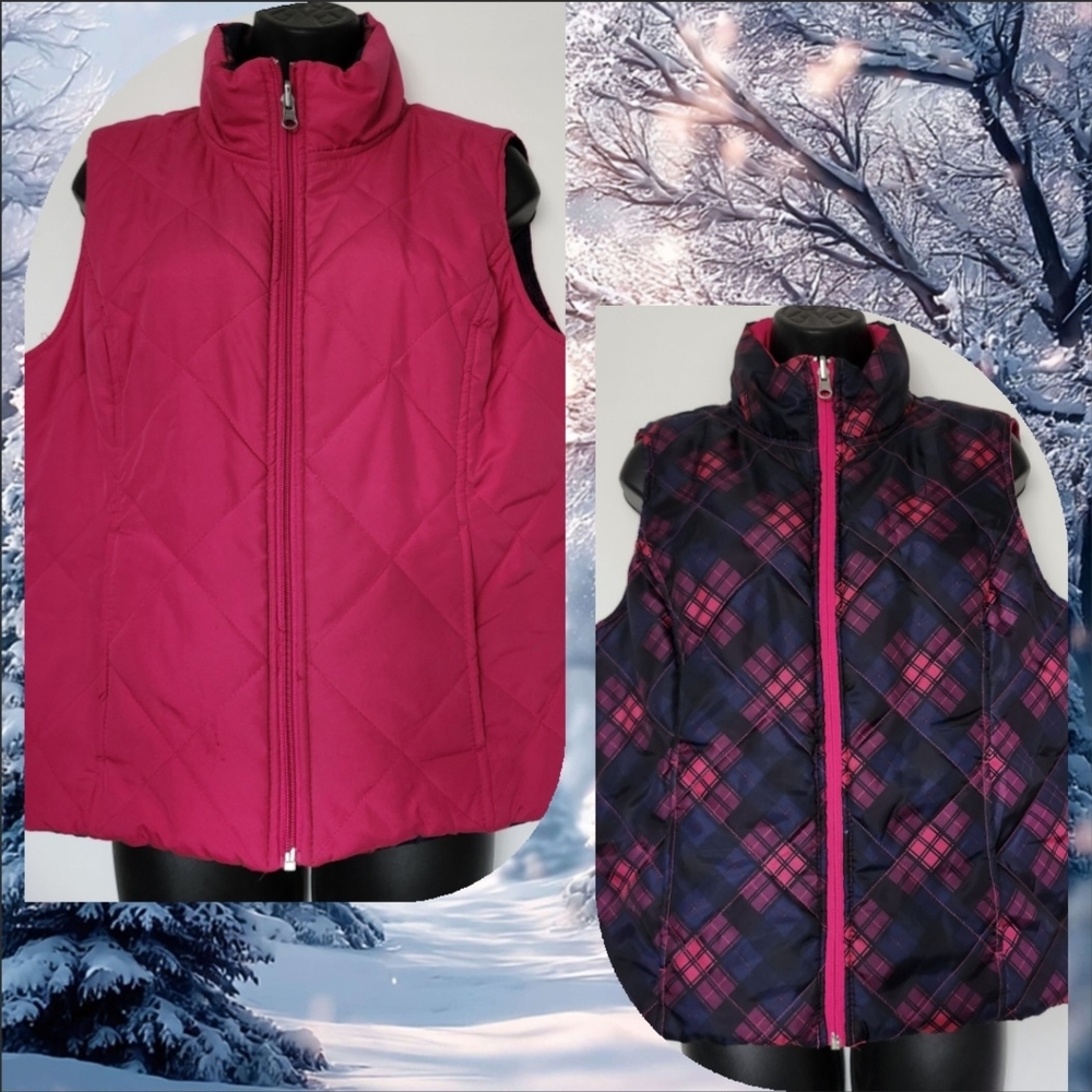 SJB Active women's reversible puffer vest featuring a pink and black plaid...